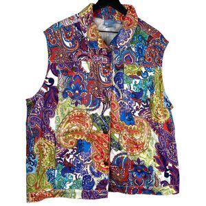 Koret Womens Denim Paisley Vest Size 26W Button Colorful Cottagecore Art To Wear